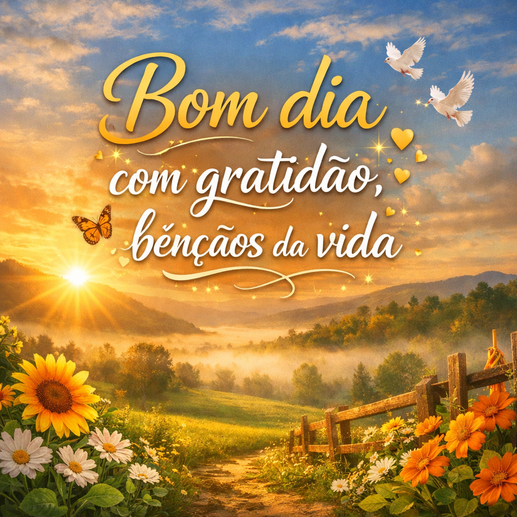 Sunrise over a misty valley with flowers and Portuguese text saying good morning and gratitude blessings