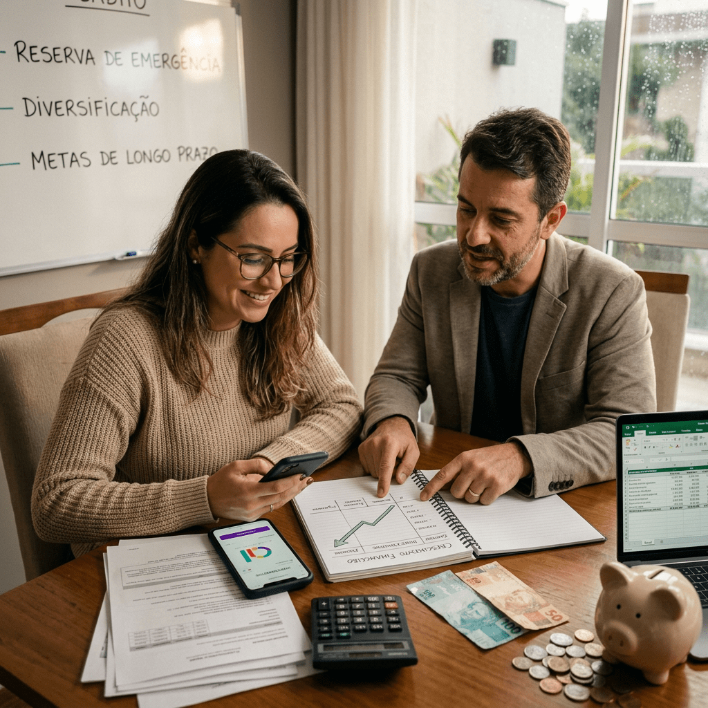 Couple reviewing financial chart, cash, and documents for budgeting