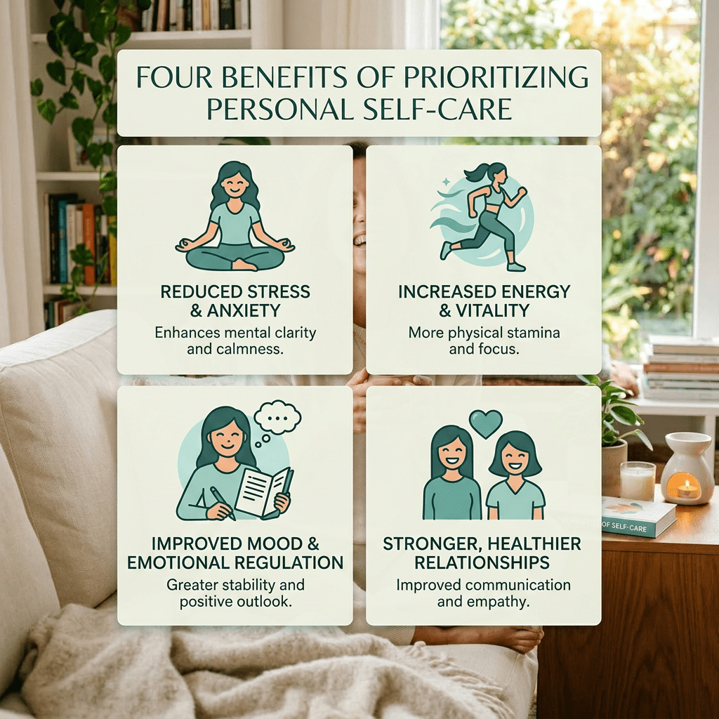 Four benefits of personal self-care: reduced stress and anxiety, increased energy and vitality, improved mood and emotional regulation, stronger healthier relationships.
