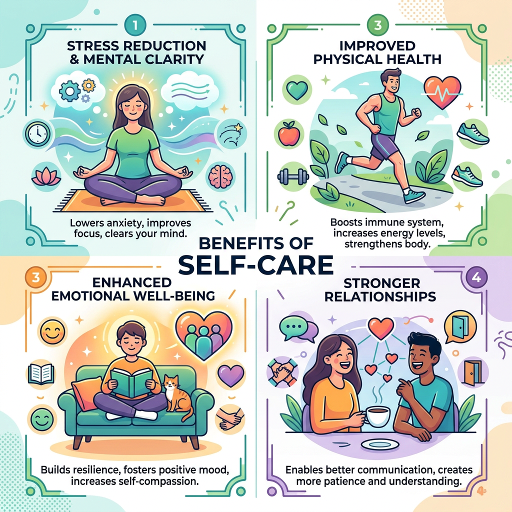 Four illustrated benefits of self-care including mental clarity, physical health, emotional well-being, and stronger relationships