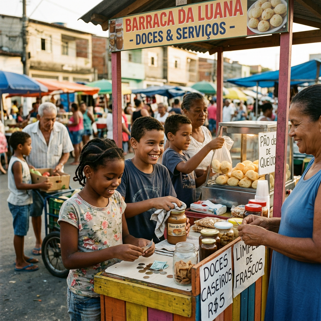 Criança vendendo e prestando serviço