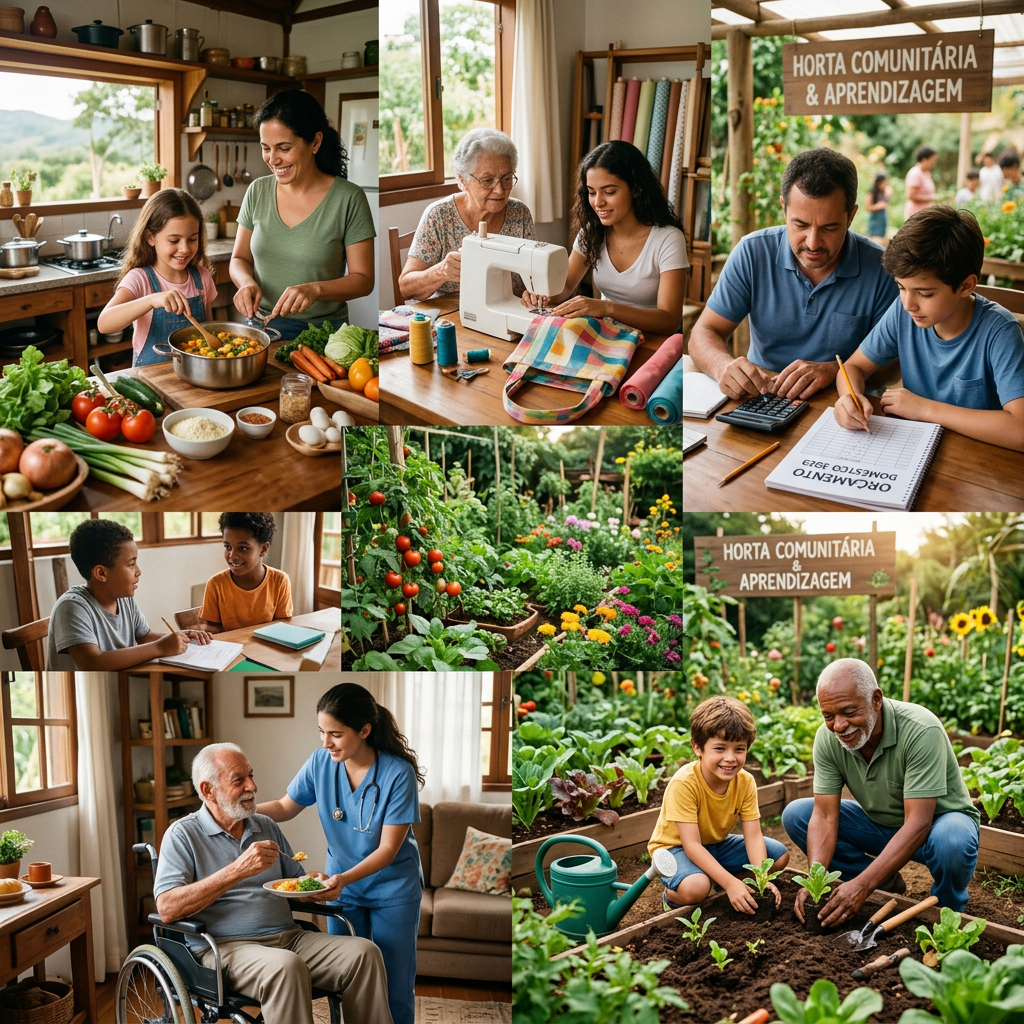 Collage of community learning scenes with signs reading “HORTA COMUNITÁRIA & APRENDIZAGEM”